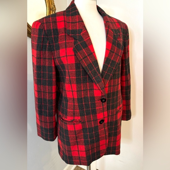 Vintage Red & Black Plaid wool blazer Size M oversized Academia Fall Boxy - Picture 14 of 15